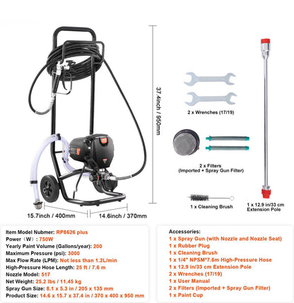Airless Verfspuitsysteem - 3000PSI - 750W - 220V - Spuitverfmachine - Oprolbaar Hoge Druk Verfspuit - met 15m Slanglengte - 1.2 l/min Maximale Stroom - Zwart