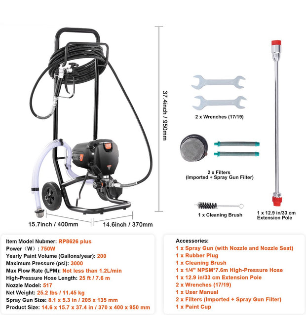 Airless Verfspuitsysteem - 3000PSI - 750W - 220V - Spuitverfmachine - Oprolbaar Hoge Druk Verfspuit - met 15m Slanglengte - 1.2 l/min Maximale Stroom - Zwart