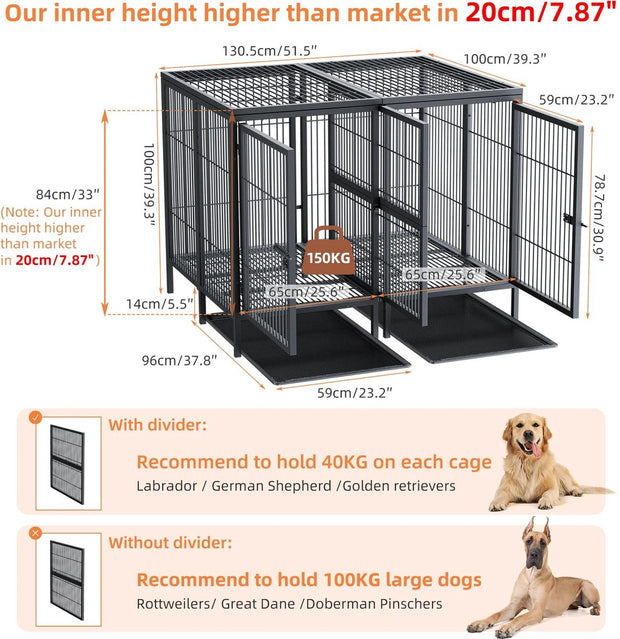 Zware Duo Hondenbench - Robuust en Ruim - Verdeler / Scheider Uitneembaar - Dubbele Deur - Tot 150kg - 100x100x130 cm