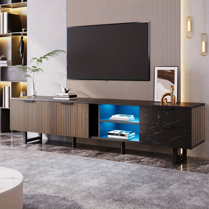 TV-kast – Meubel – Entertainmentkast – Woonkamerkast – TV-meubel – 200 cm – Zwart Marmer – Donker Houtnerf – 2 Deuren – 2 Lades
