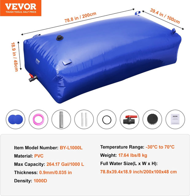 Water container for storage - 1000 liters - Blue PVC - Foldable - Net weight 8 kg - Durable