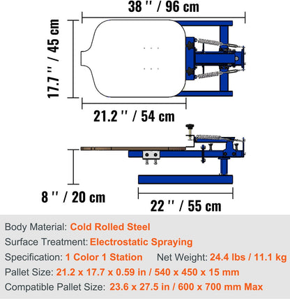 Handmatige Zeefdrukmachine - Koudgewalst Staal - Elektrostatisch Gespoten Oppervlak - Geschikt voor Kleding - Stoffen - Hout - Glas - 1 Kleur 1 Station - 21,2 x 17,7 Inch Pallet - Brede Toepassing, Duurzaam - Thuis en Bedrijf Gebruik