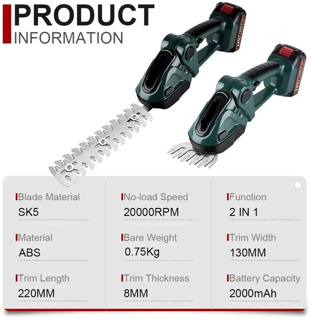 Heggenschaar - Heggentrimmer - Snoeischaar - Elektrische Heggenschaar - Accu Heggenschaar - 2 in 1 - Struikschaarblad - Grasschaarblad - Verwisselbare Messen - Tuingereedschap - Krachtig - Langdurige Accu - 2 Accu's - Accu Oplader