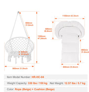 Hangstoel - Staal En Katoen - 150 Kg Capaciteit - Met Kussen - Met Geweven Netkabel - Inklapbaar, Bohemian Stijl - Geschikt Voor Binnen En Buiten - 80 X 62,5 X 80 Cm - Beige