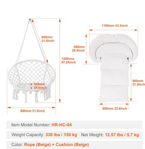 Hangstoel - Staal En Katoen - 150 Kg Capaciteit - Met Kussen - Met Geweven Netkabel - Inklapbaar, Bohemian Stijl - Geschikt Voor Binnen En Buiten - 80 X 62,5 X 80 Cm - Beige
