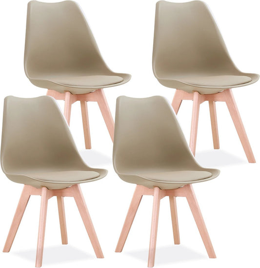 Set Van 4 Nordic Middeleeuwse Eetkamerstoelen - Pu Gewatteerde Stoel - Beukenhouten Poten - Bureaustoelen Voor Eetkamer Slaapkamer Balkon Restaurant