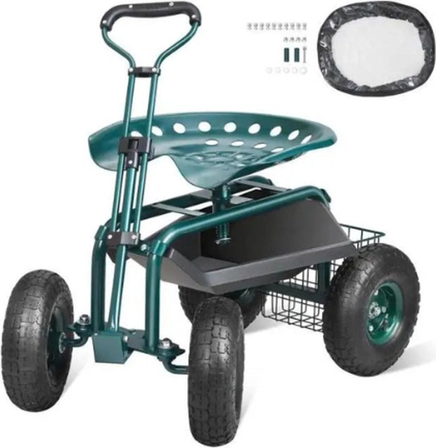 Go-kart - Garden cart - Rolling work chair with wheels - Garden stool - 360 degree swivel chair - Wagon scooter with handlebars