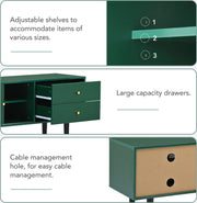 TV-Meubel - Groen met Wit Rotan - met 2 Rotan Schuifdeuren - 2 Laden - 4 Vakken met Verplaatsbare Planken