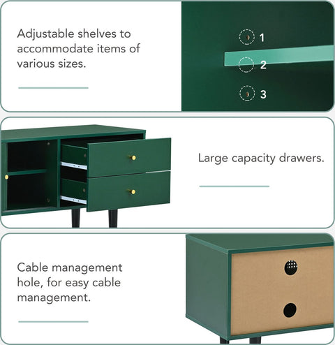 TV-Meubel - Groen met Wit Rotan - met 2 Rotan Schuifdeuren - 2 Laden - 4 Vakken met Verplaatsbare Planken