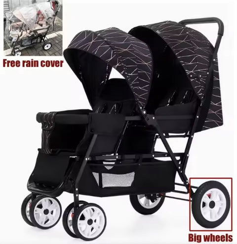 Duo stroller - Duo buggy - Twin stroller - Double stroller - Foldable - With rain cover - Black