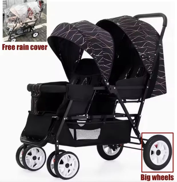 Duo kinderwagen - Duo buggy - Tweeling kinderwagen - Dubbele kinderwagen - Opvouwbaar - Met regenhoes - Zwart