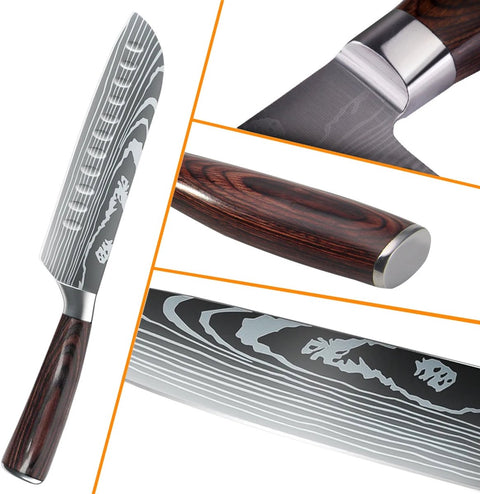 Japanse messen - Koksmes - Damascus mes - 8 delig messenset - Bruin