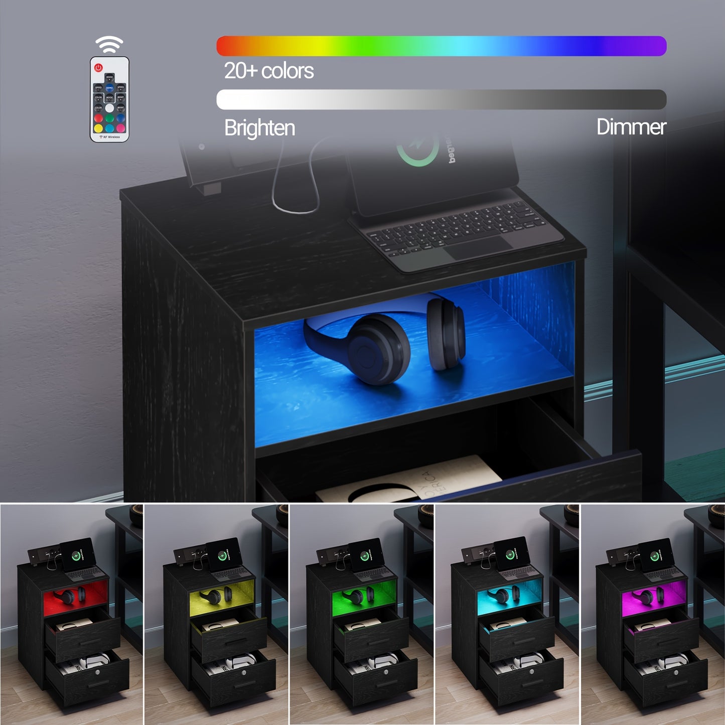 Nachtkastje – Bijzettafel – Ladekastje – Wandkast – Nachtkast – Set van 2 – Met Oplaadfunctie en LED-Verlichting – Zwart Spaanplaat 35x40x58,5 cm
