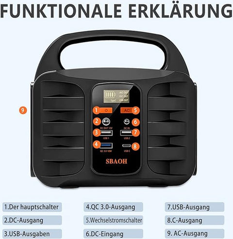 Nood powerstation - Draagbaar - Generator - Compatibel met zonnepaneel - 150W - 27000 mAh - 220V/99W AC outlet - Lcd display - Noodverlichting - Sos modus - Zwart oranje