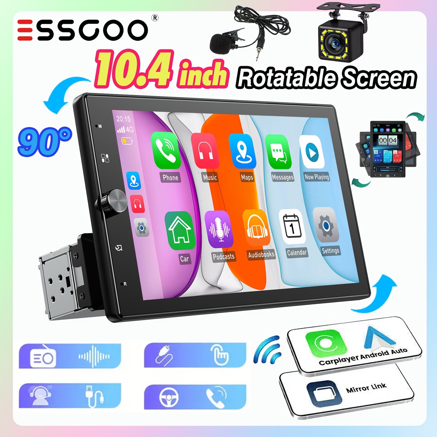 Autoradio – Autospelers – Multimedia Speler – Car Audio – Draaibare Single DIN Radio Met 10,4 Inch Touchscreen – Wireless CarPlay & Android Auto – Inclusief 12LED Camera En Microfoon