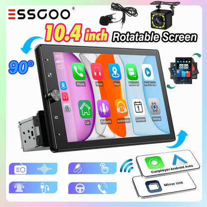 Autoradio – Autospelers – Multimedia Speler – Car Audio – Draaibare Single DIN Radio Met 10,4 Inch Touchscreen – Wireless CarPlay & Android Auto – Inclusief 12LED Camera En Microfoon