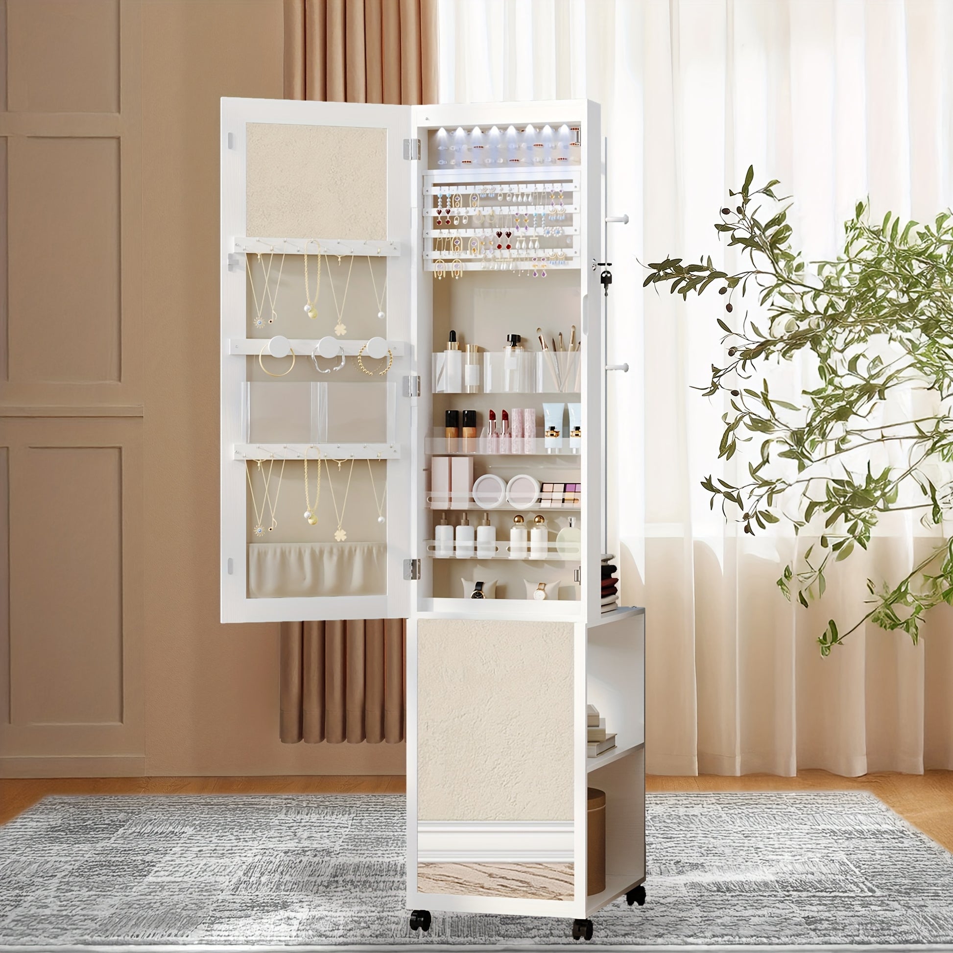 8 LED Mirror Jewelry Cabinet Armoire with Lockable Full-Length Mirror, 4-Wheel Mobile Storage Organizer with Hooks & Garment Rack - 5-in-1 Multi-Purpose Jewelry, Jewelry Armoires - QUORE