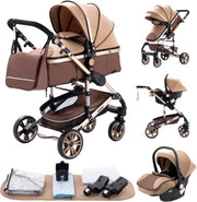 Luxe Kinderwagen - Luxe Kinderkoets - Luxe Babywagen - Luxe Baby Koets - Baby Koets - Kinderwagen - Babywagen - Kinderkoets - Inklapbaar - 3 In 1 - 9KG - Khaki