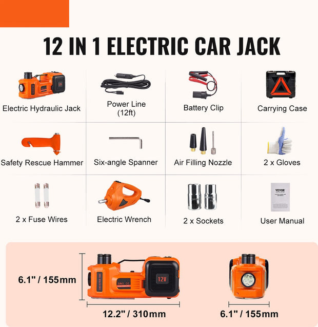 Elektrische Hydraulische Jack - Slagbereik 15.5-45 cm - Maximaal Koppel van 450 Nm - met 4,5 m Netsnoer en 3 Zekeringen Zijn - 5T - Hoge Stabiliteit en Veiligheid - voor Noodreparaties aan Voertuigen - voor Elke Auto, Sedan, SUV, Vrachtwagen