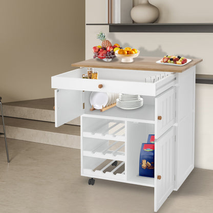 Keukenwagen – Mobiele Keukentrolley – Keukenwagen op Wieltjes – Keukenkastje – Keukenkar – Wit – Compact 68x39x85 cm – Met Werkblad en Remmen