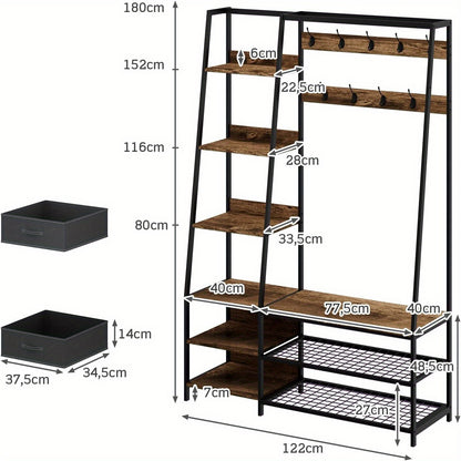 Kapstok – Garderoberek – Staande Kapstok – Wandkapstok – Schoenenrek – 9 Haken & 2 Lade – Industrieel Ontwerp – 122x40x180 cm – Hout & Staal – Draagkracht 35 kg