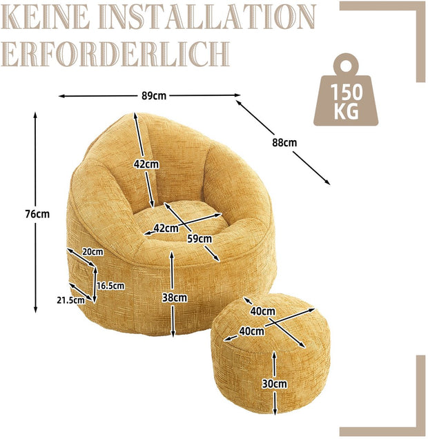 Zitzak Sofa met Voetensteun - Luxe Chenille Bean Bag Stoel -- Ergonomische Loungestoel met Hoge Rugleuning – Comfortabele Fauteuil - Geel