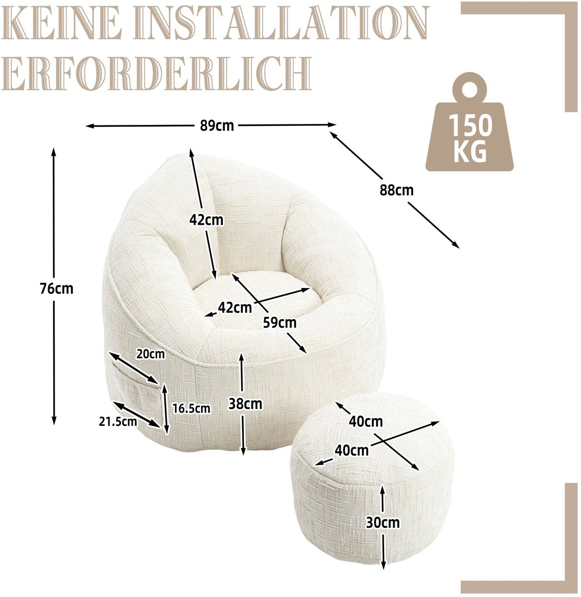 Zitzak met Voetensteun - Stoel met Hoge Druk Schuimvulling - Ergonomisch Ontwerp - Chenille Stof - 89x88x76 cm - Beige