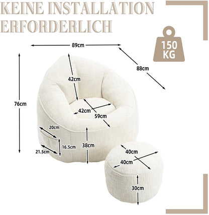 Zitzak met Voetensteun - Stoel met Hoge Druk Schuimvulling - Ergonomisch Ontwerp - Chenille Stof - 89x88x76 cm - Beige