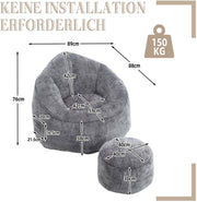 Zitzak met Voetensteun - Loungestoel met Hoge Druk Schuimvulling - Beanbag Ergonomisch Ontwerp - Chenille Stof – 89x88x76 cm - Grijs