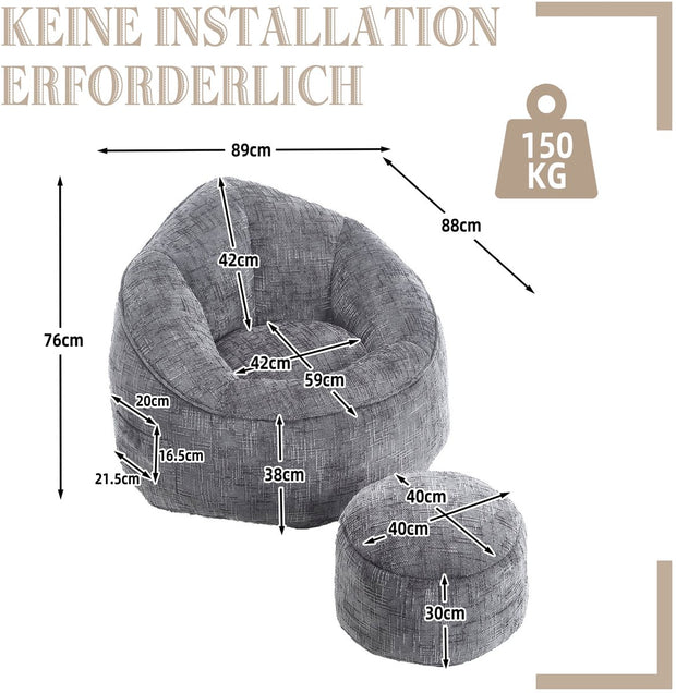 Zitzak met Voetensteun - Loungestoel met Hoge Druk Schuimvulling - Beanbag Ergonomisch Ontwerp - Chenille Stof – 89x88x76 cm - Grijs