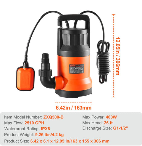 Dompelpomp - Waterpomp - 400w - 9500l/U - 7,9m Opvoerhoogte - 2510 GPH - Geschikt voor Tuinen - Vijvers - Zwembaden