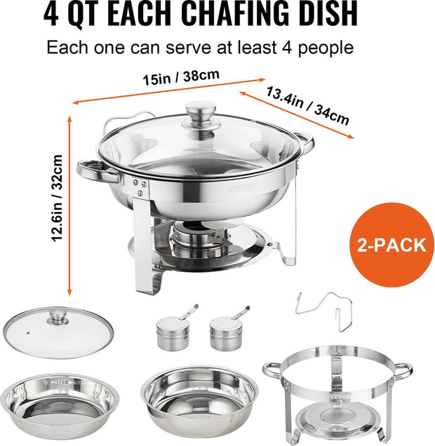 Chafing Dish Rolltop - Bain Marie Warming Dish - Buffet Warmer - Round - Glass Lid - 3.5 L - Pack of 2