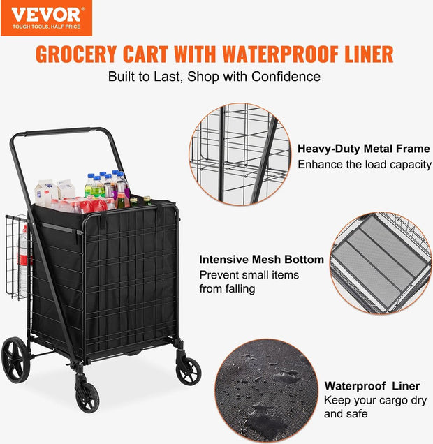 Tumex - Shopping Trolley - Foldable Shopping Cart - Waterproof Lining - 150.5kg Capacity - 360° Swivel Wheels - Extra Rear Basket