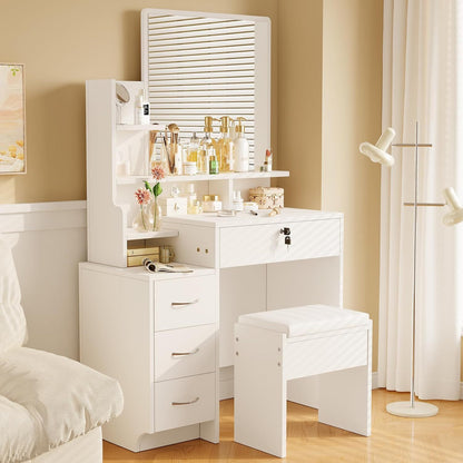 Kaptafel – Make-up Tafel – Dressing Table – Cosmeticatafel – Hoektafel – Met Spiegel en Kruk – 3 Lades en Open Planken – Compact Hout Kunststof