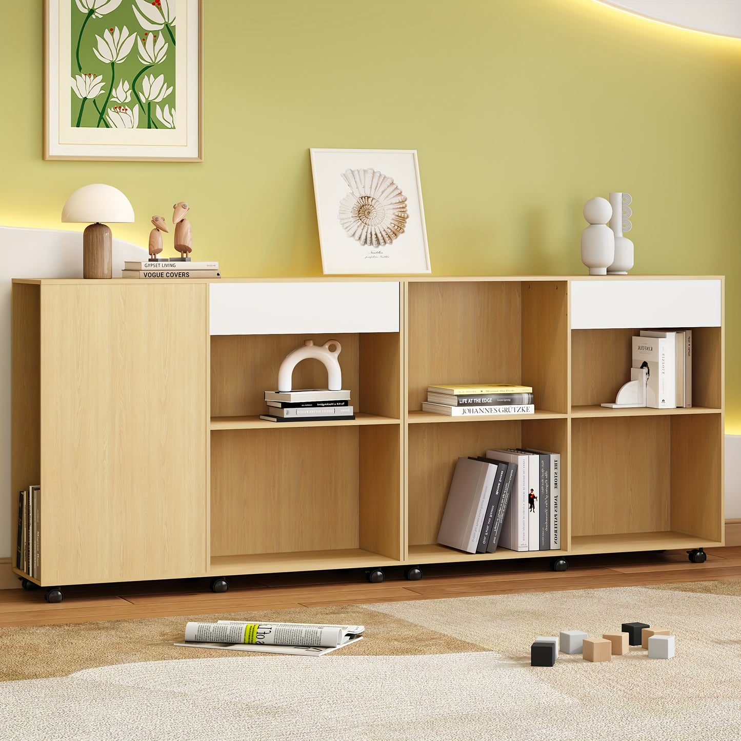 Boekenkast – Opbergkast – Vakkenkast – Stellingkast – Open Kast – Bamboe Materiaal – 6 Planken + Verborgen Deurtje – Vrijstaand – 69 cm Hoog – Natuurlijk Beige/Wit – 3,2 Kubieke Voet Opbergruimte – Modern Minimalistisch Design