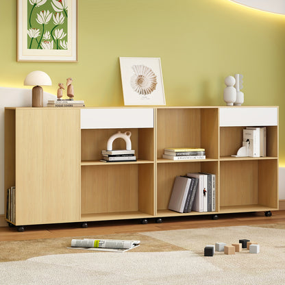 Boekenkast – Opbergkast – Vakkenkast – Stellingkast – Open Kast – Bamboe Materiaal – 6 Planken + Verborgen Deurtje – Vrijstaand – 69 cm Hoog – Natuurlijk Beige/Wit – 3,2 Kubieke Voet Opbergruimte – Modern Minimalistisch Design