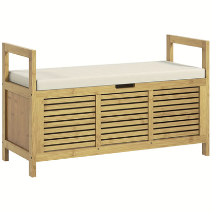 Schoenenbank – Schoenenrek – Halbank – Opbergbank – Zitbank – Bamboe – Met Scharnierend Deksel – Zacht Kussen – 100x40x60 cm