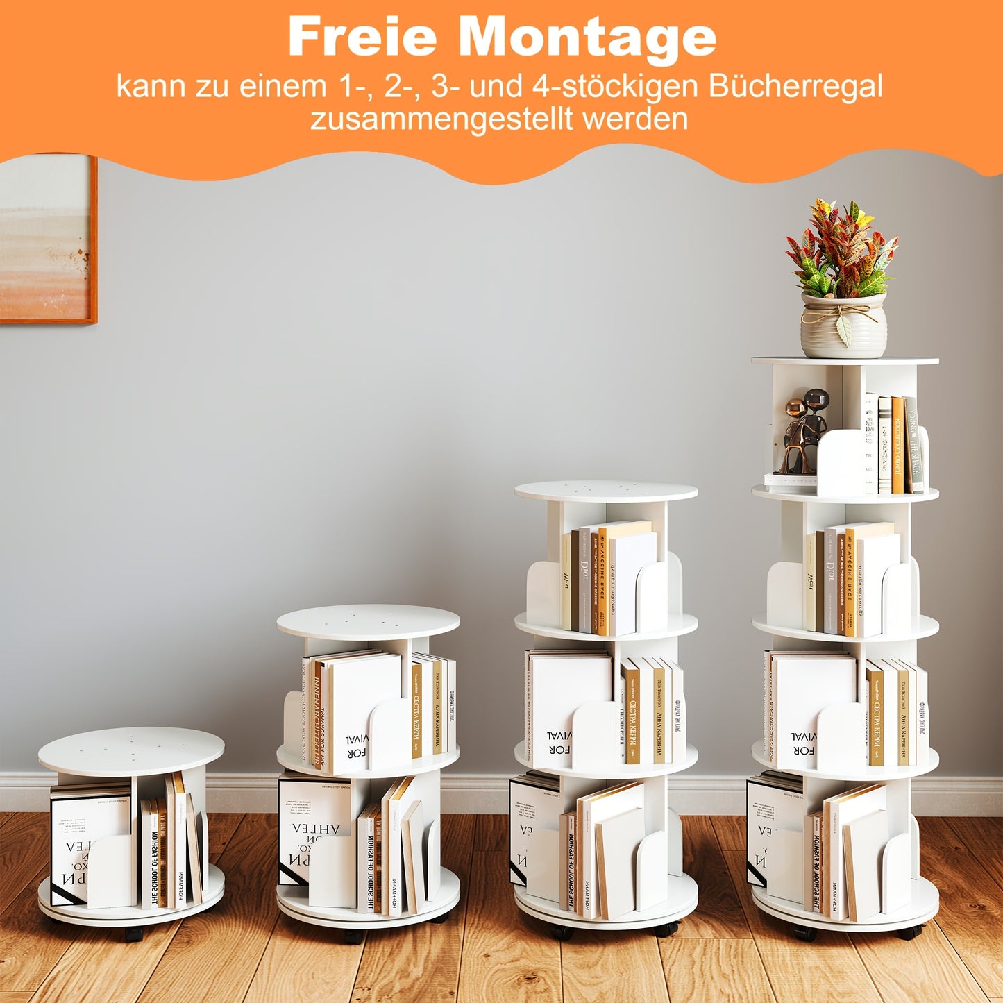 Boekenplank – Boekenrek – Wandplank – Boekenkast – Wandrek – 4 Lagen – 360° Draaibaar Met Remwielen – Wit MDF – Stevig & Gemakkelijk Te Monteren