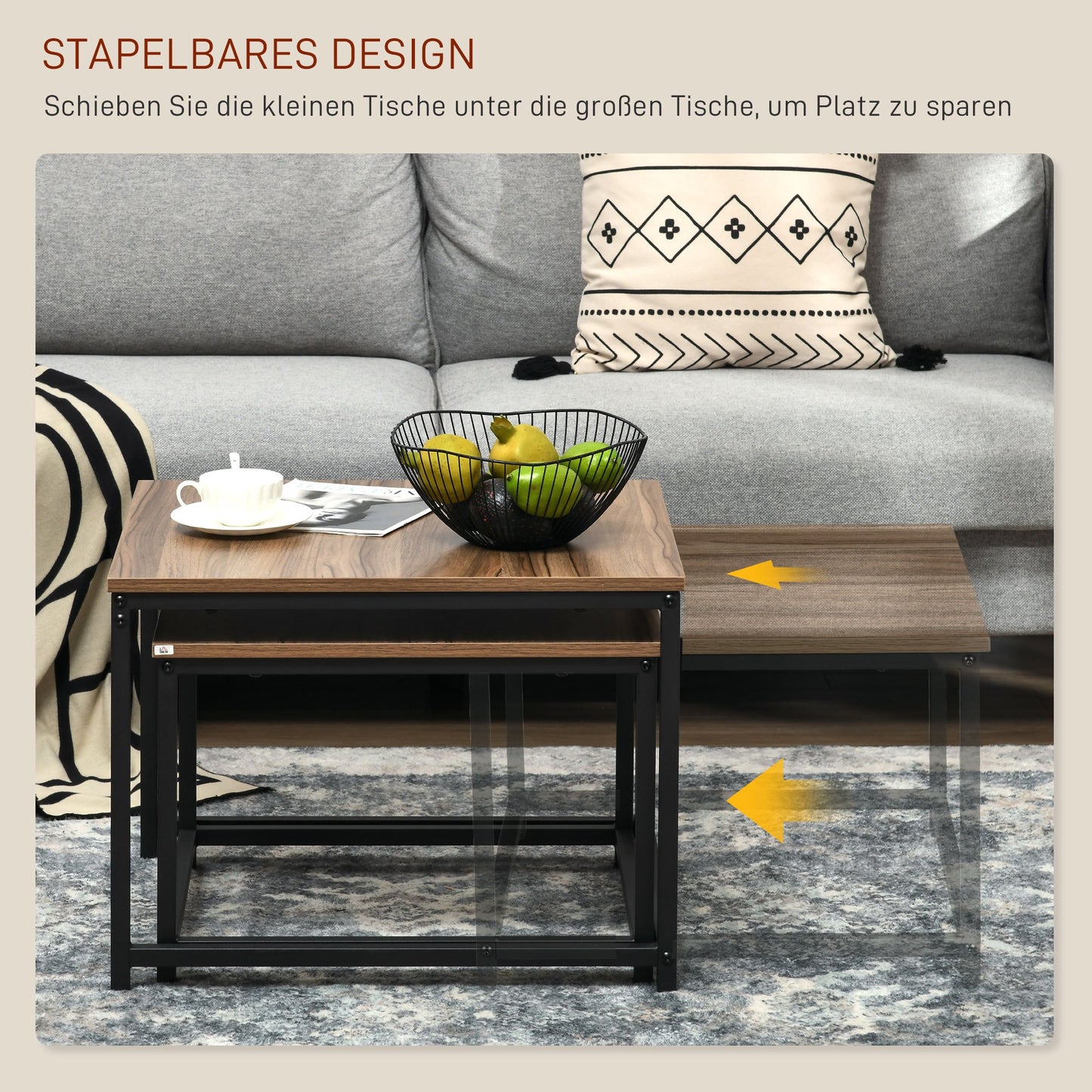 Salontafel Set – Bijzettafel – Koffietafel – Tafeltje – Tafel Duo – Industrieel Design – Zwart Stalen Frame – Houtlook Tafelblad
