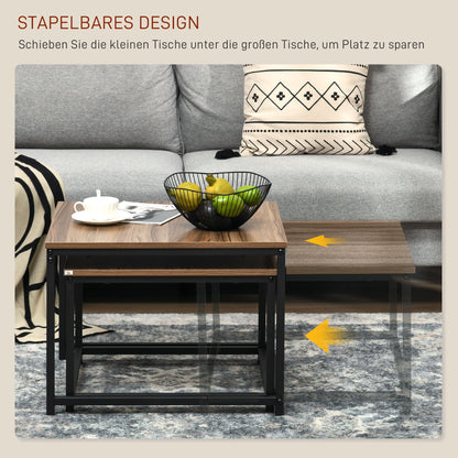 Salontafel Set – Bijzettafel – Koffietafel – Tafeltje – Tafel Duo – Industrieel Design – Zwart Stalen Frame – Houtlook Tafelblad