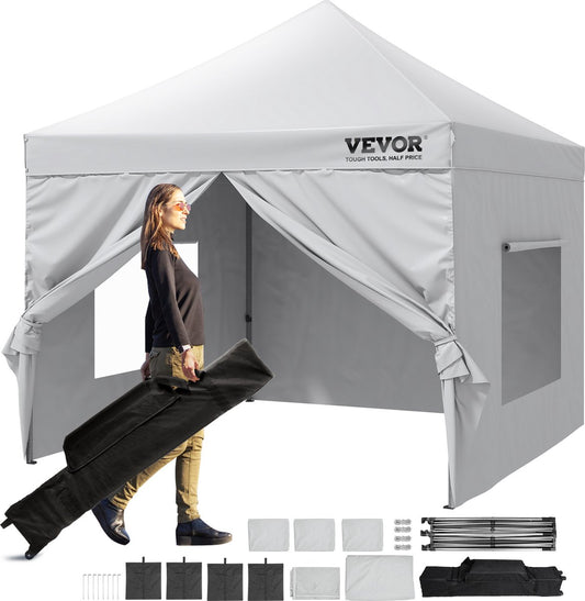 Paviljoen Tuintent - Opvouwbaar Paviljoen - Hoogte Verstelbaar - Incl. Opbergtas - Partytent 6-8 Personen - Pop-up Tent - 3,048x3,048x3,20m - 500D PU Zilveren Stof - Wit