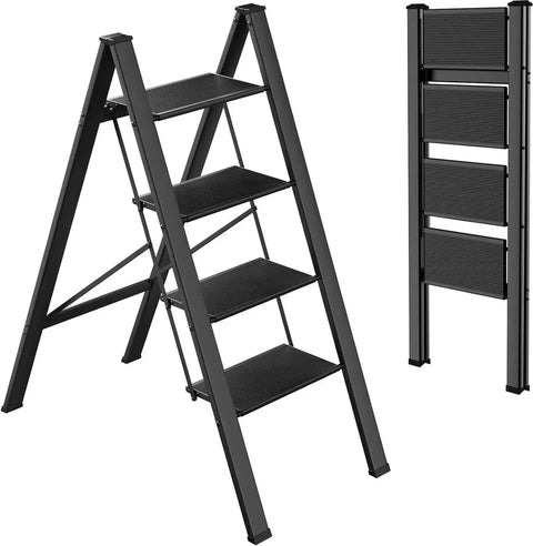 Ladder 4 Treden - Opstapkruk - Trap - Draagbare Trapladder - Antisliptreden - Opvouwbaar - 45x84x101 cm Afmetingen bij Uitklappen - Maximaal Belastbaar Gewicht 150 kg - Zwart