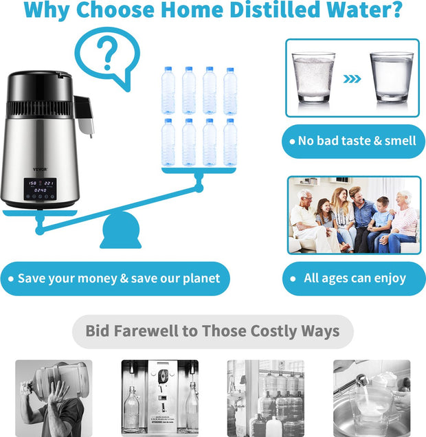 Water Distilleerder-1.5 L/uur - 4L Destilleerketel-Roestvrij Staal - 1750W Destilleerapparaat met Dubbele Temperatuurweergave - Reinigingspoeder voor Glazen Karaf 3 Carbon Packs