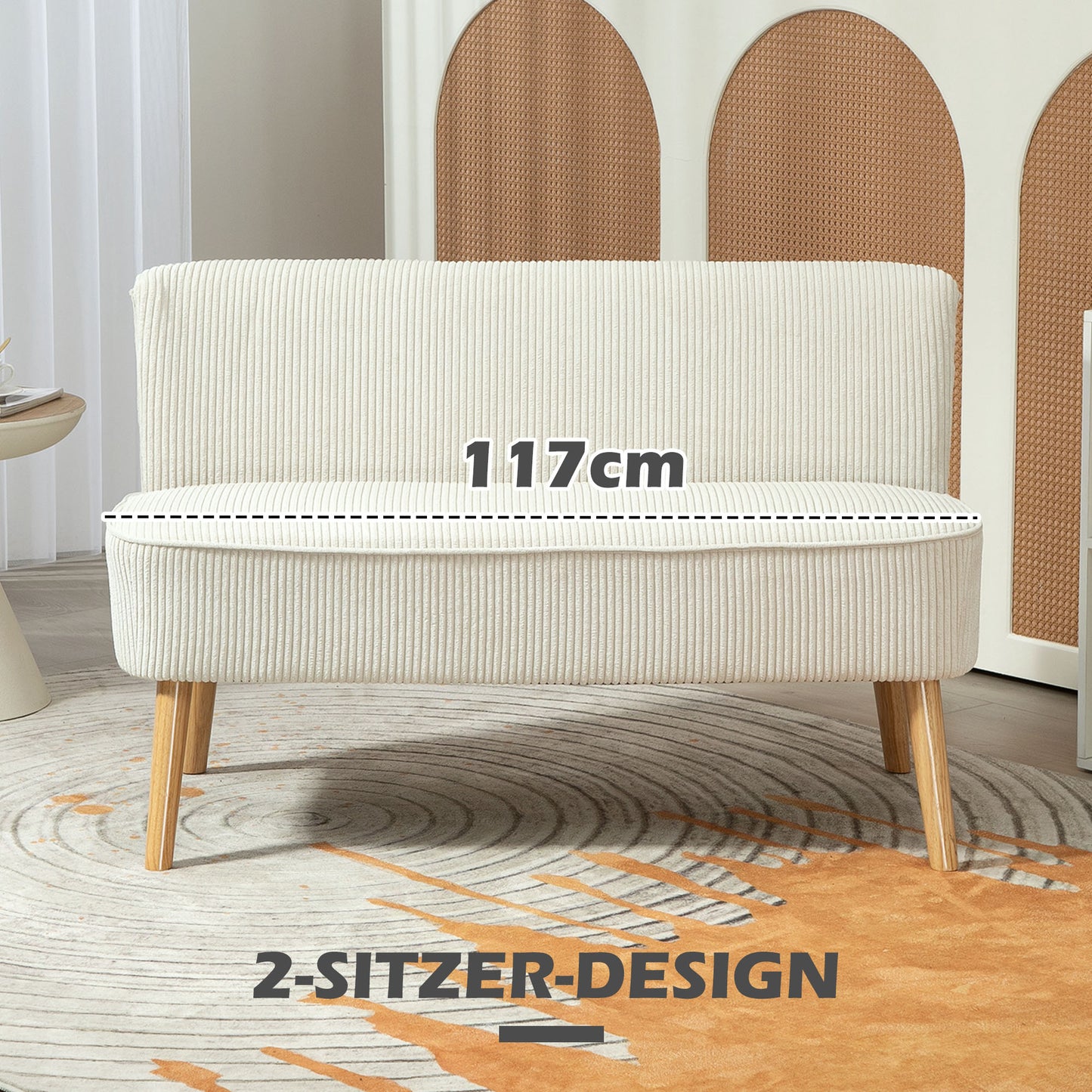 2-zits bank – tweezits sofa – loveseat – zitbank – kleine bank – zonder armleuningen – crème wit – gestoffeerd met cord stof – compacte loungebank – houten poten – 117x56,5x77 cm