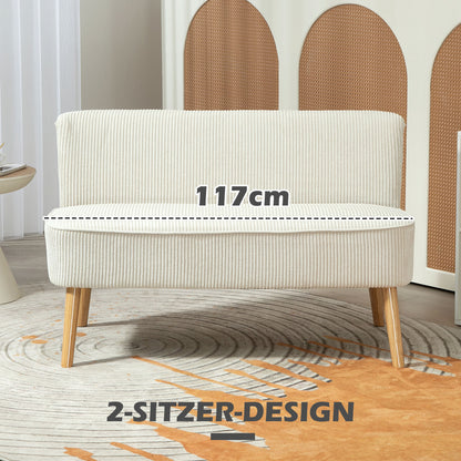 2-zits bank – tweezits sofa – loveseat – zitbank – kleine bank – zonder armleuningen – crème wit – gestoffeerd met cord stof – compacte loungebank – houten poten – 117x56,5x77 cm