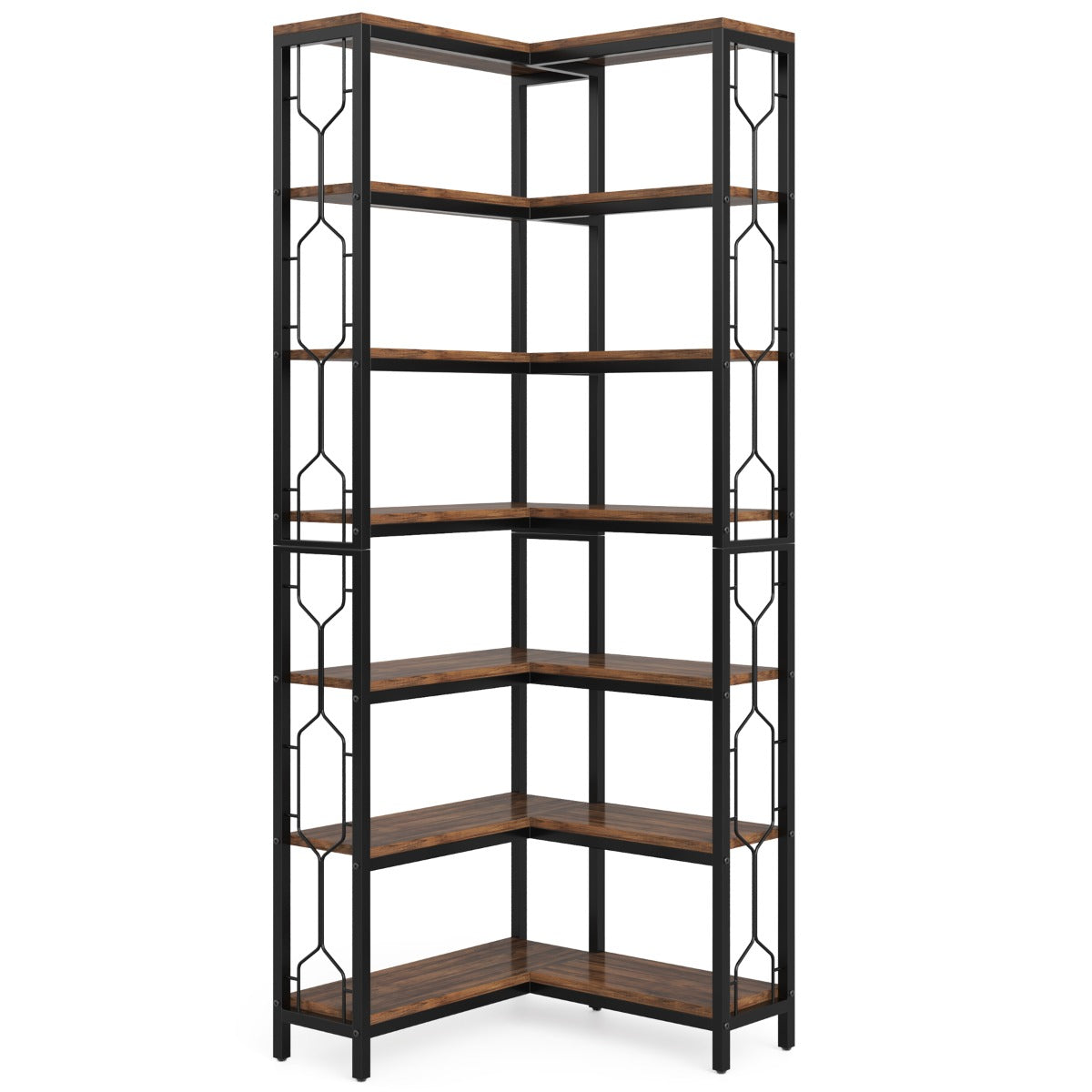 Hoekplank – Hoekrek – Boekenkast – Wandplank – Opbergkast – 7 Schappen – Hardhouten Frame Met Metalen Accenten – Eenvoudige Montage