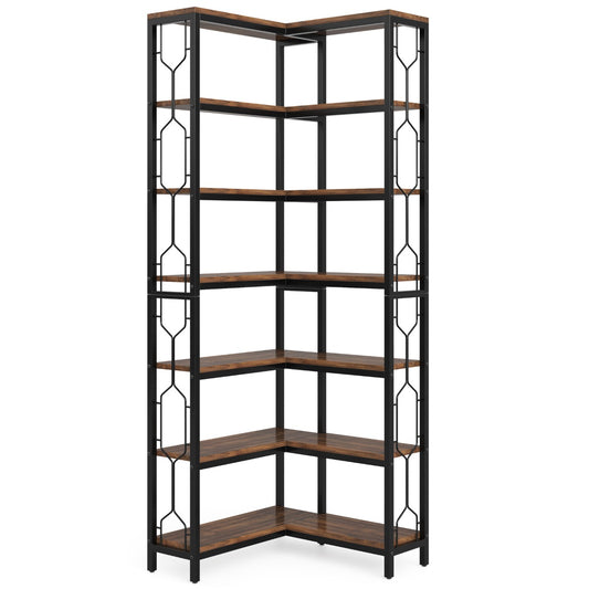 Hoekplank – Hoekrek – Boekenkast – Wandplank – Opbergkast – 7 Schappen – Hardhouten Frame Met Metalen Accenten – Eenvoudige Montage