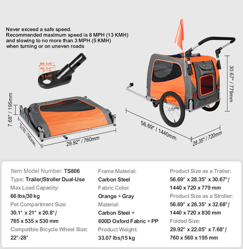 Hondenfietskar - 2 in 1 - Fietsendrager voor kinderwagen - Opvouwbare bolderkar - met Quick-release wielen - Universele Fietskoppeling - Reflectoren - 30kg