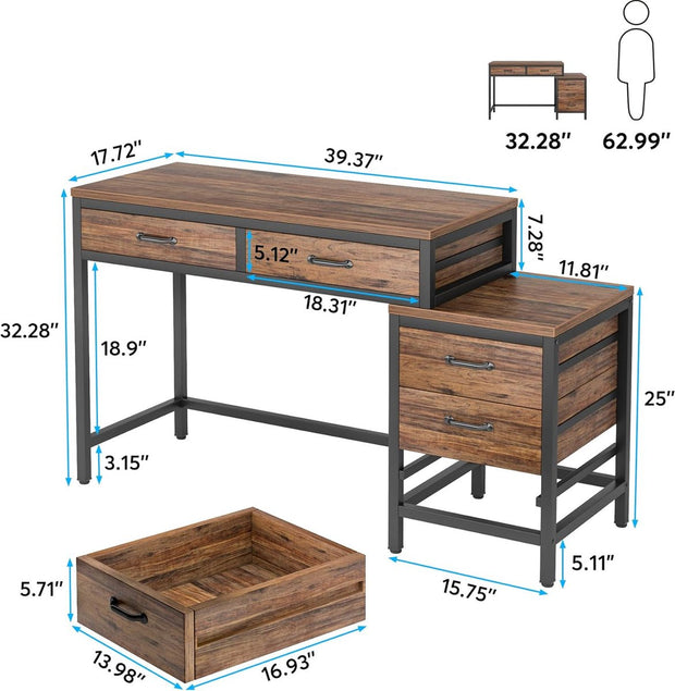 Bureau - Bureau met 5 Schakelbare Ladekast - Computerbureau - Computer Tafel - Bureautafel Bruin - 130 x 45 x 82 cm