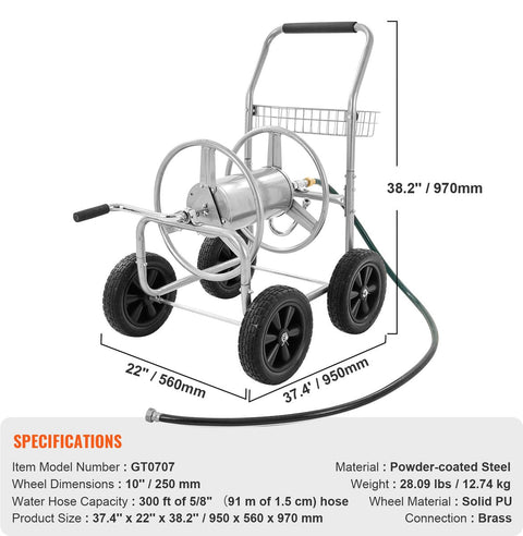 Slanghaspelwagen - Stevige Stalen Constructie - Grote Capaciteit - Een Weerbestendige Coating En Messing Fittingen - Met Antisliphandgreep Waardoor En Vier PU Wielen - Voor Bewateren Van Planten - Geen Slang